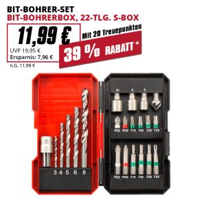 • 5 x HSS-Spiralbohrer: 3, 4, 5, 6 und 8 mm
• Bits mit E6.3-Schaft
• 3 x Steckschlüsseleinsatz
• 1 x Senker zum Versenken von Schrauben
• 1 x Schnellwechselbithalter