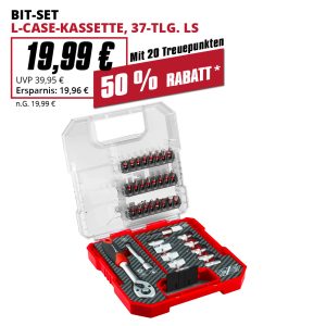• 25-mm-Bits
• Ratsche, Schnellwechselbithalter, Steckschlüssel, Adapter, Stecknussverlängerung
• Inkl. Aufbewahrungsbox